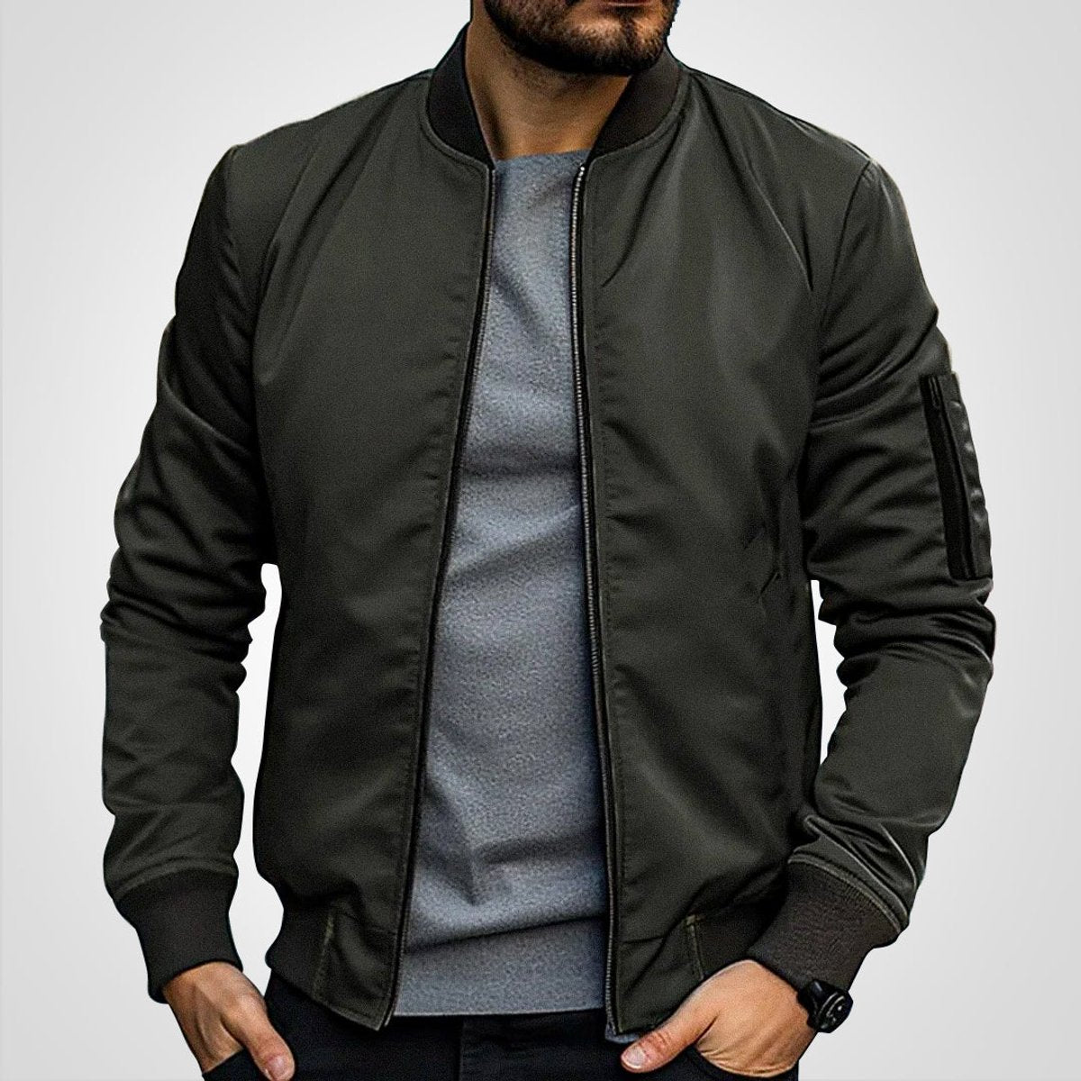 Men's Classic Zip-Up Bomber Jacket Ribbed Collar Cuffs - Olive Green