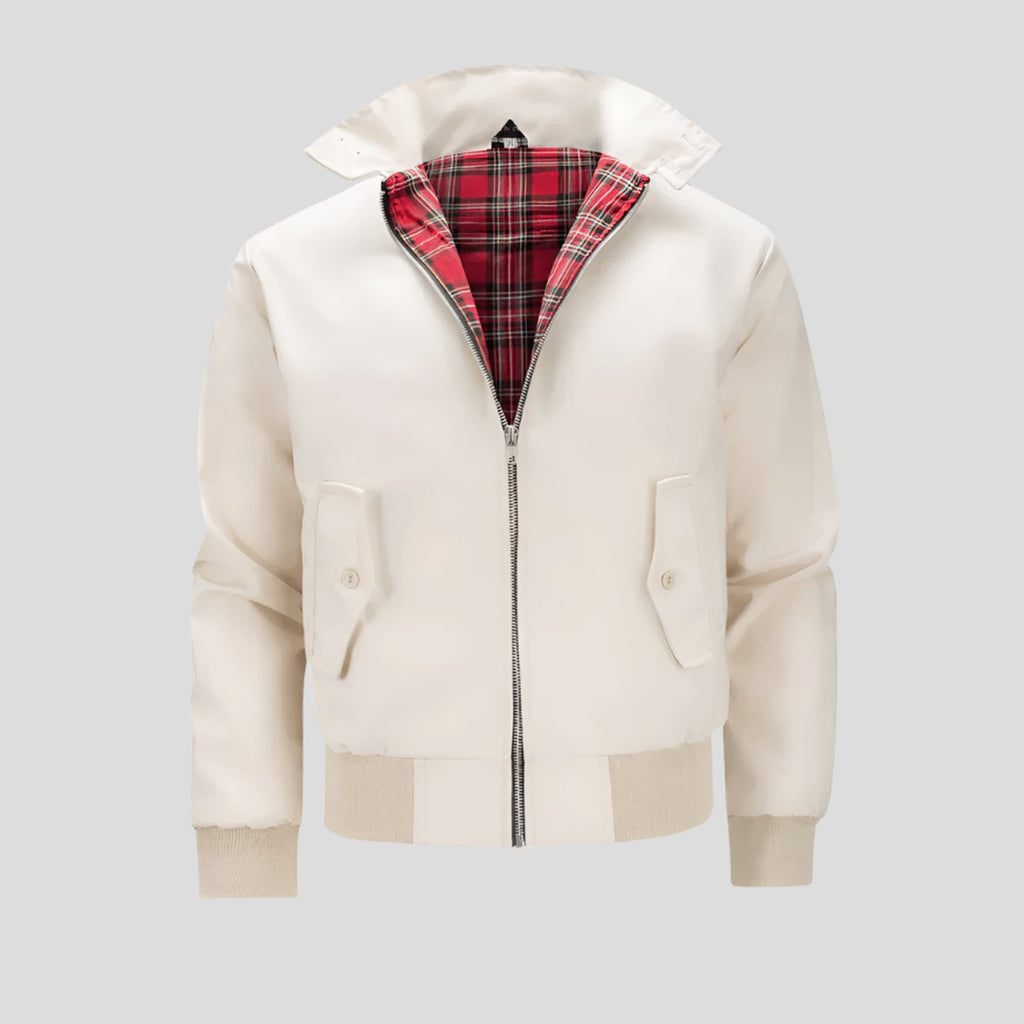 Men's Classic Zip-Up Bomber Jacket Tartan-Lined Ribbed Cuffs - Beige
