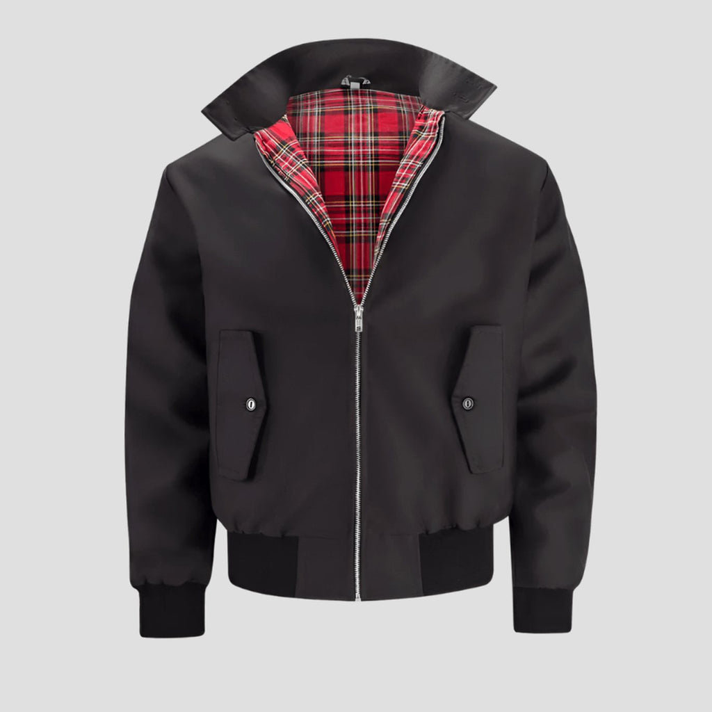 Men's Classic Zip-Up Bomber Jacket Tartan-Lined Ribbed Cuffs - Black