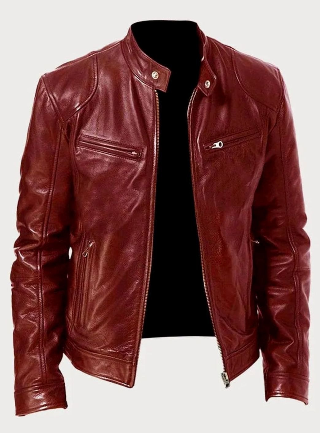 Men's Classic Zip-Up Moto Style Jacket Slim Fit Leather Biker - Red
