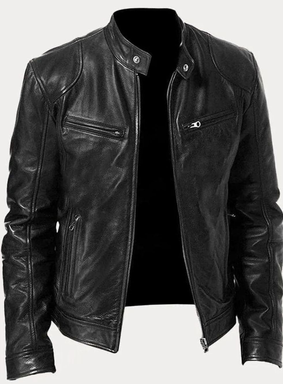 Men's Classic Zip-Up Moto Style Jacket Slim Fit Leather Biker - Black