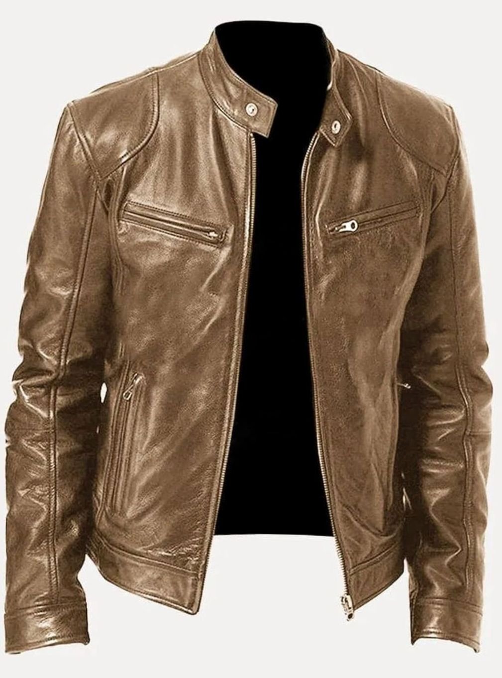 Men's Classic Zip-Up Moto Style Jacket Slim Fit Leather Biker - Beige