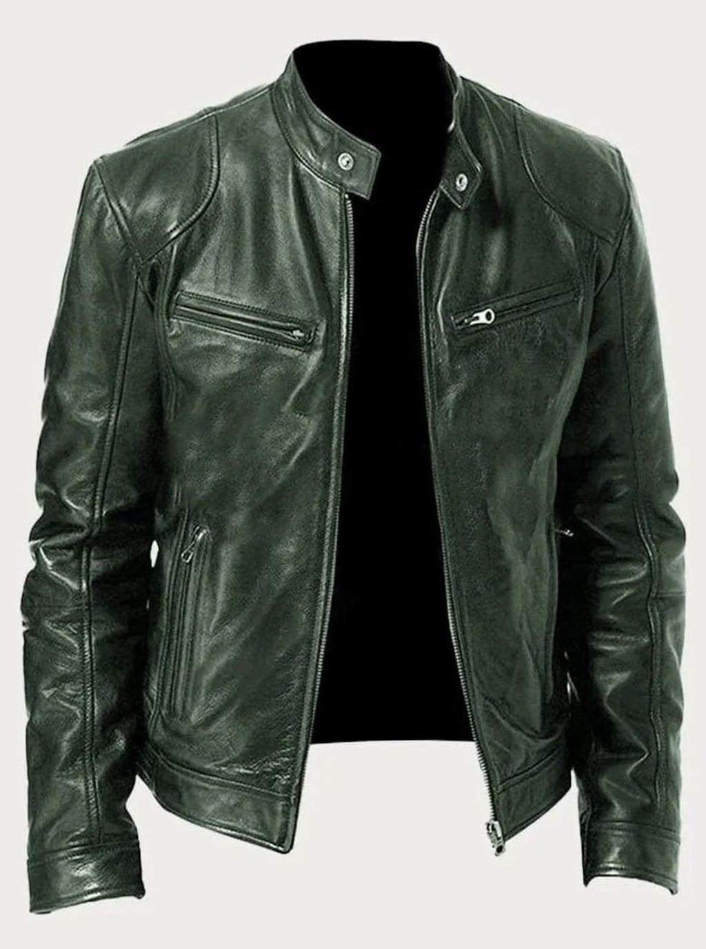 Men's Classic Zip-Up Moto Style Jacket Slim Fit Leather Biker - Green