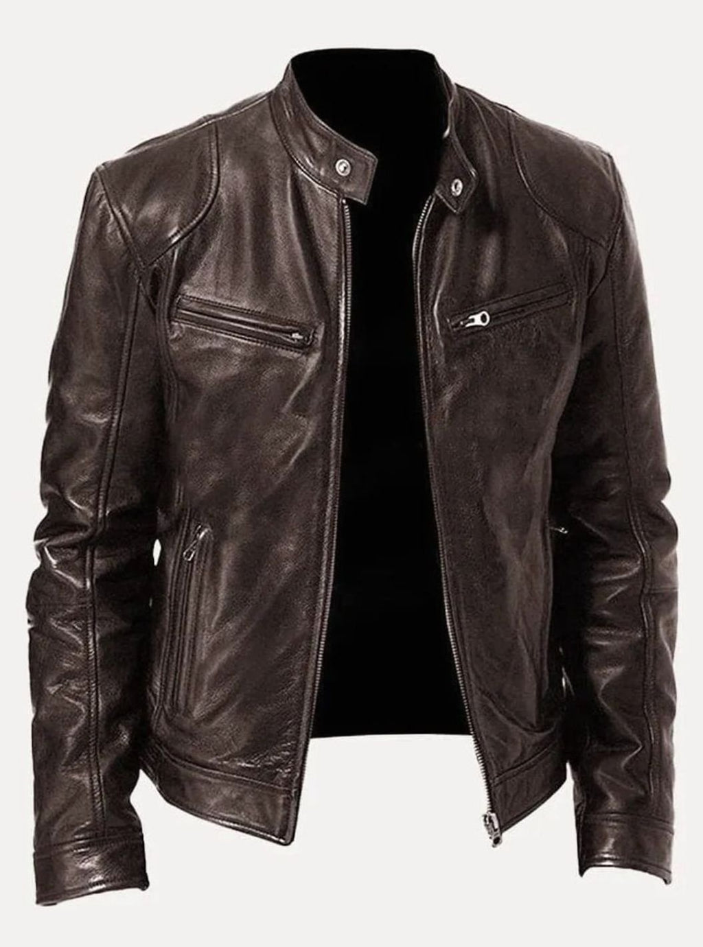 Men's Classic Zip-Up Moto Style Jacket Slim Fit Leather Biker - Brown