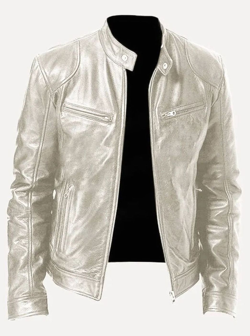 Men's Classic Zip-Up Moto Style Jacket Slim Fit Leather Biker - Silver