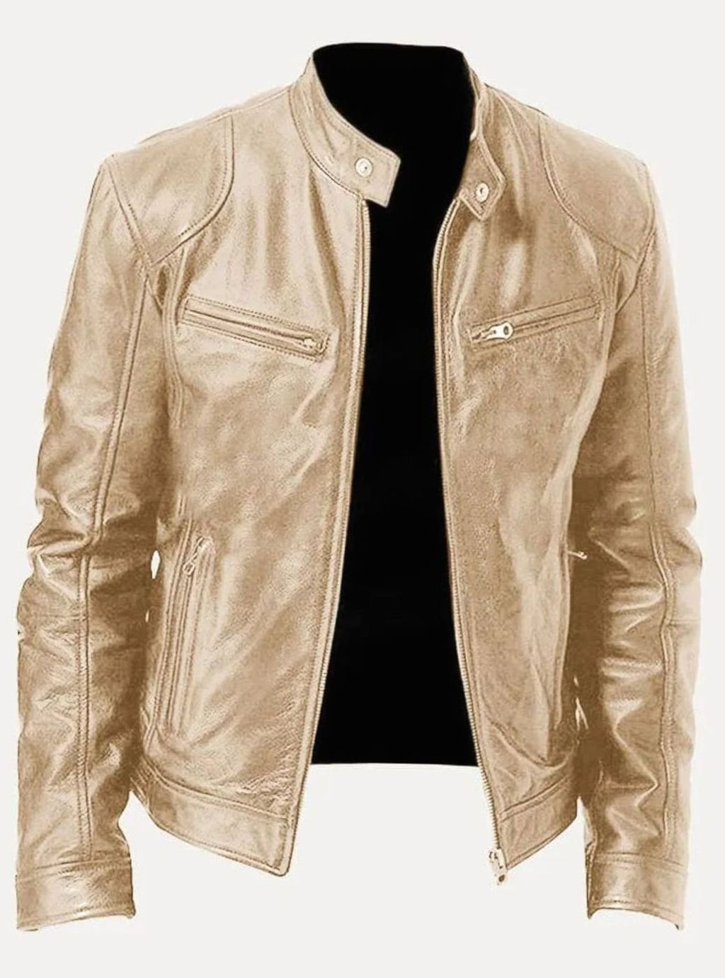 Men's Classic Zip-Up Moto Style Jacket Slim Fit Leather Biker - Gold