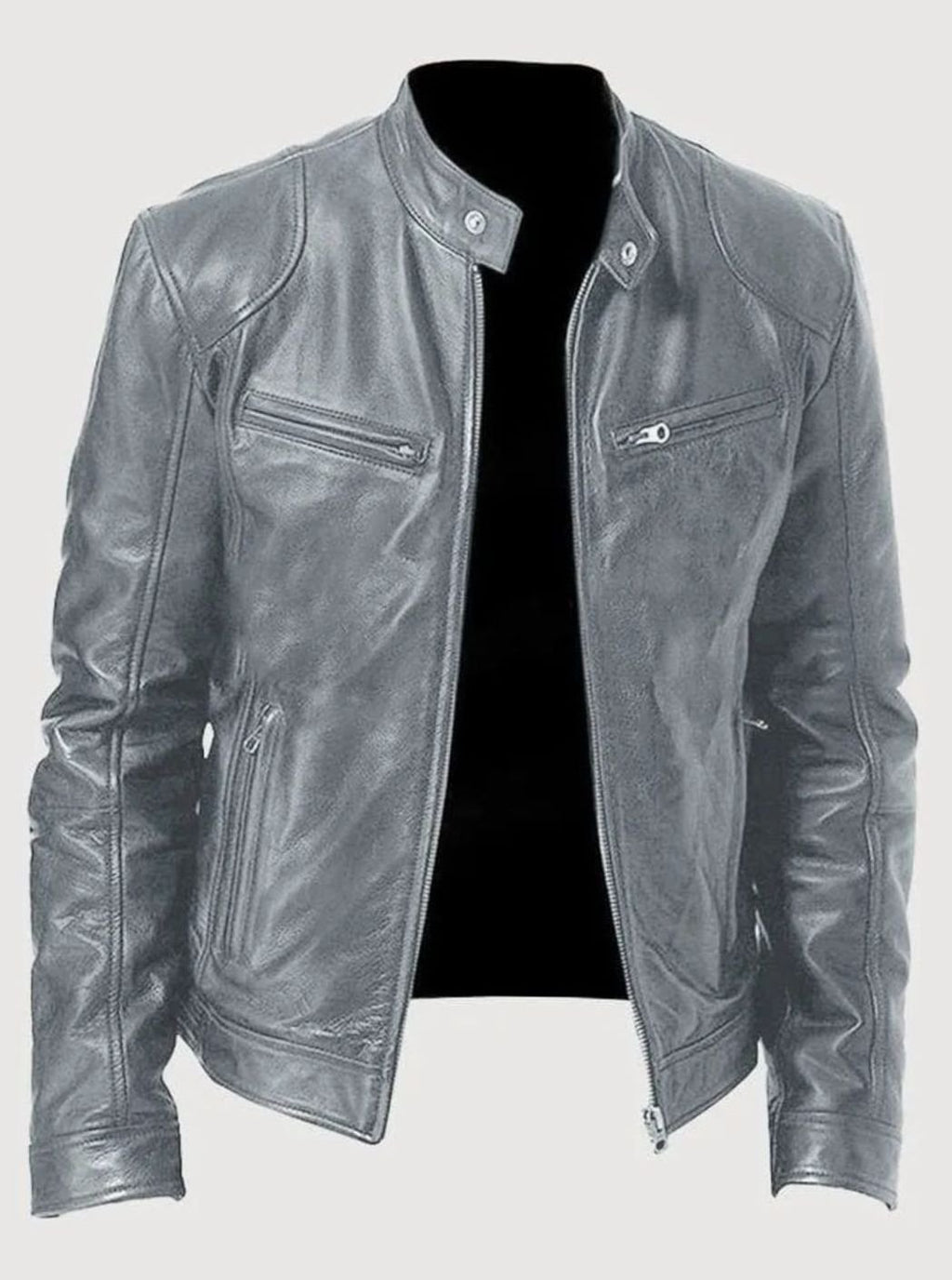 Men's Classic Zip-Up Moto Style Jacket Slim Fit Leather Biker - Gray