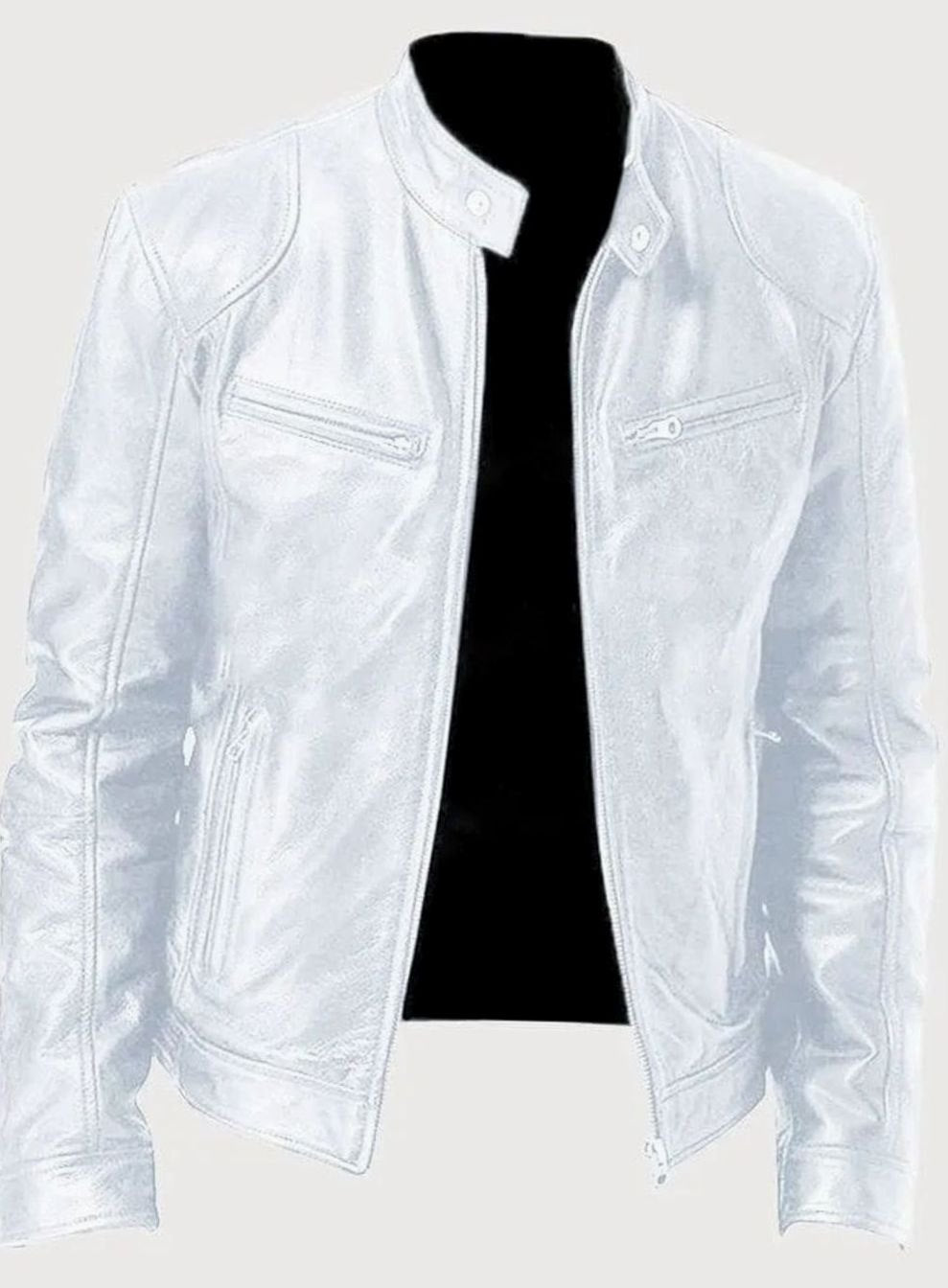 Men's Classic Zip-Up Moto Style Jacket Slim Fit Leather Biker - White