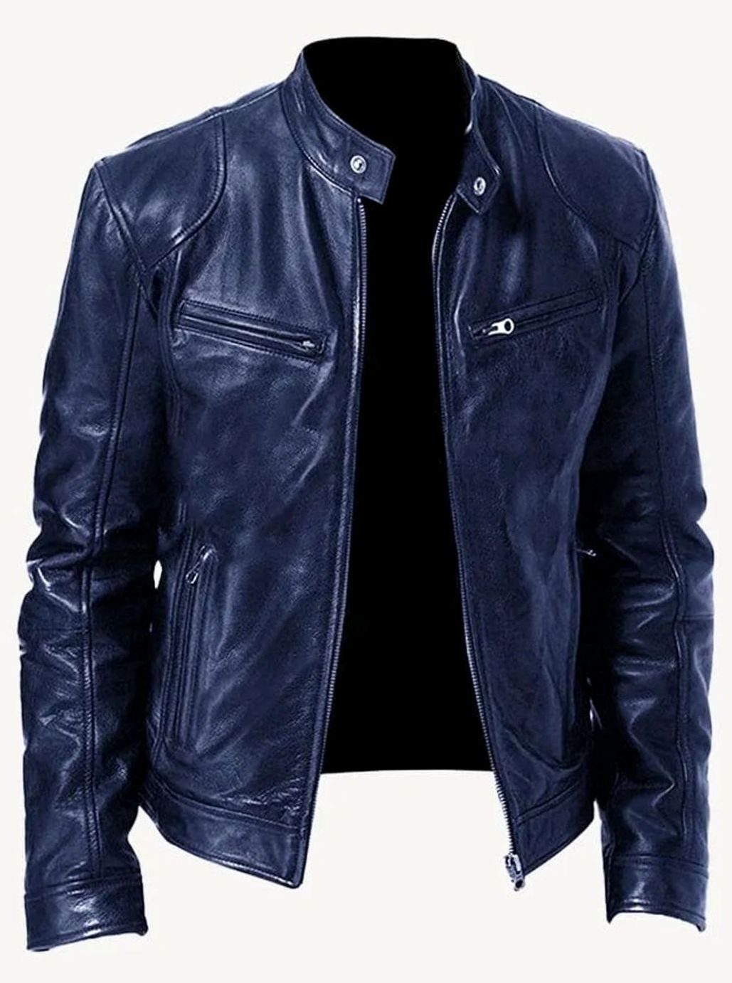 Men's Classic Zip-Up Moto Style Jacket Slim Fit Leather Biker - Navy