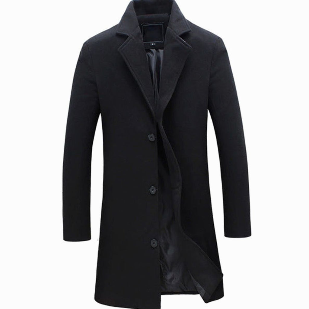 Men's Cold Weather Tailored Single-Breasted Wool-Blend Overcoat - Black