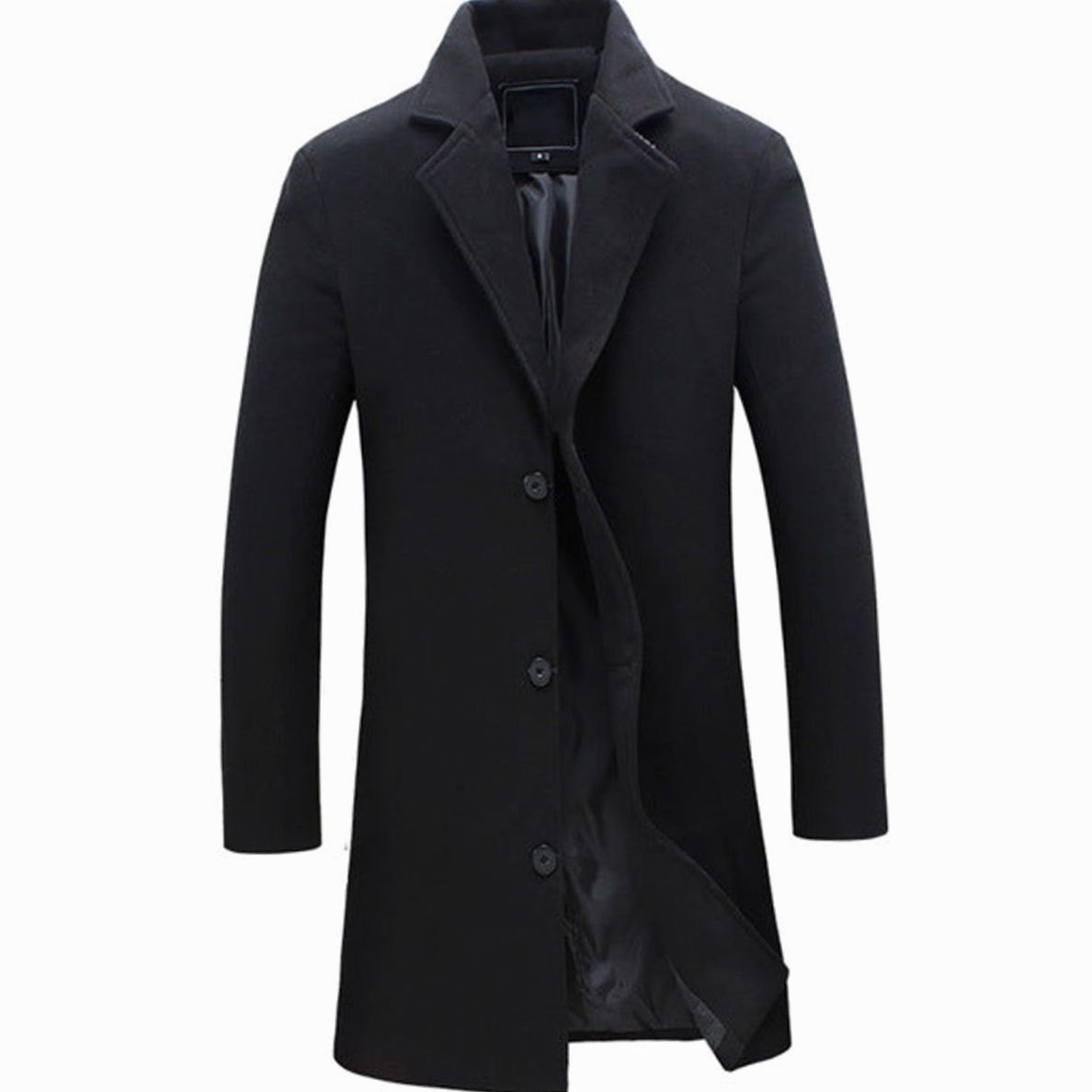 Men's Cold Weather Tailored Single-Breasted Wool-Blend Overcoat - Black