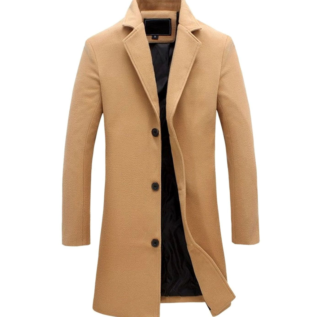 Men's Cold Weather Tailored Single-Breasted Wool-Blend Overcoat - Khaki