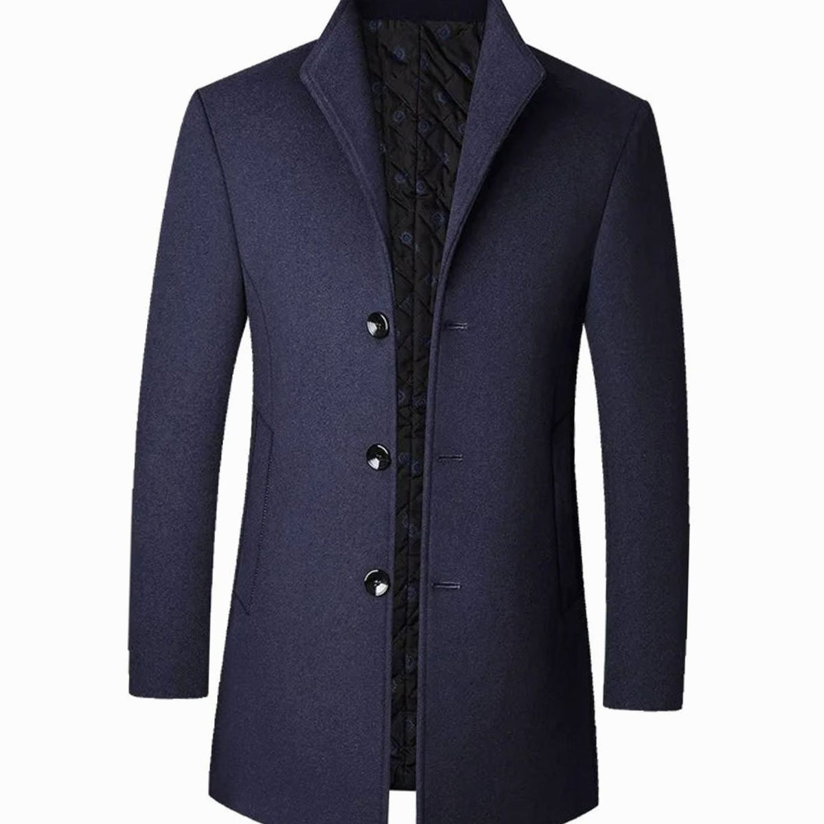 Men's Cold Weather Wool Single-Breasted Overcoat - Navy Blue