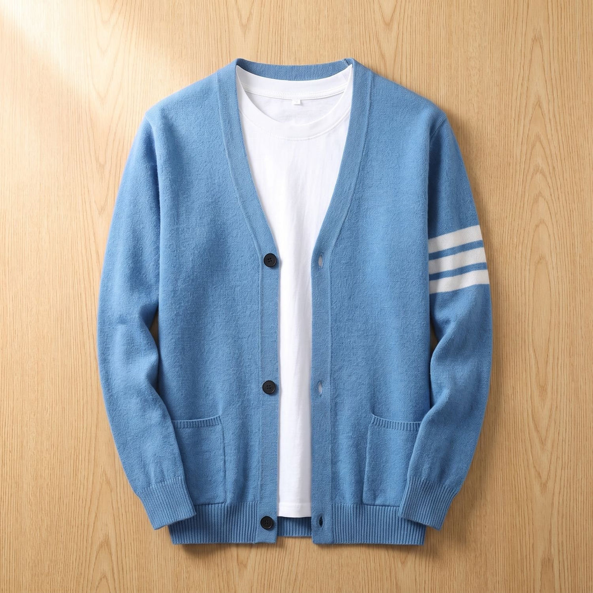 Men's Collegiate Striped-Sleeve Button-Front Knit Cardigan - Blue