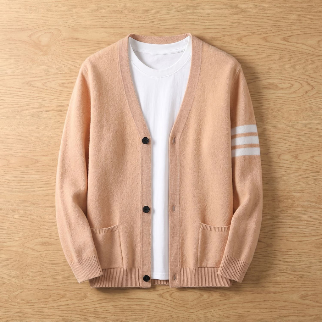 Men's Collegiate Striped-Sleeve Button-Front Knit Cardigan - Brown