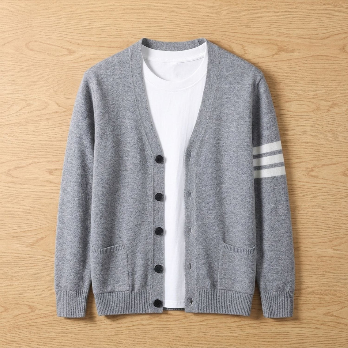 Men's Collegiate Striped-Sleeve Button-Front Knit Cardigan - Gray