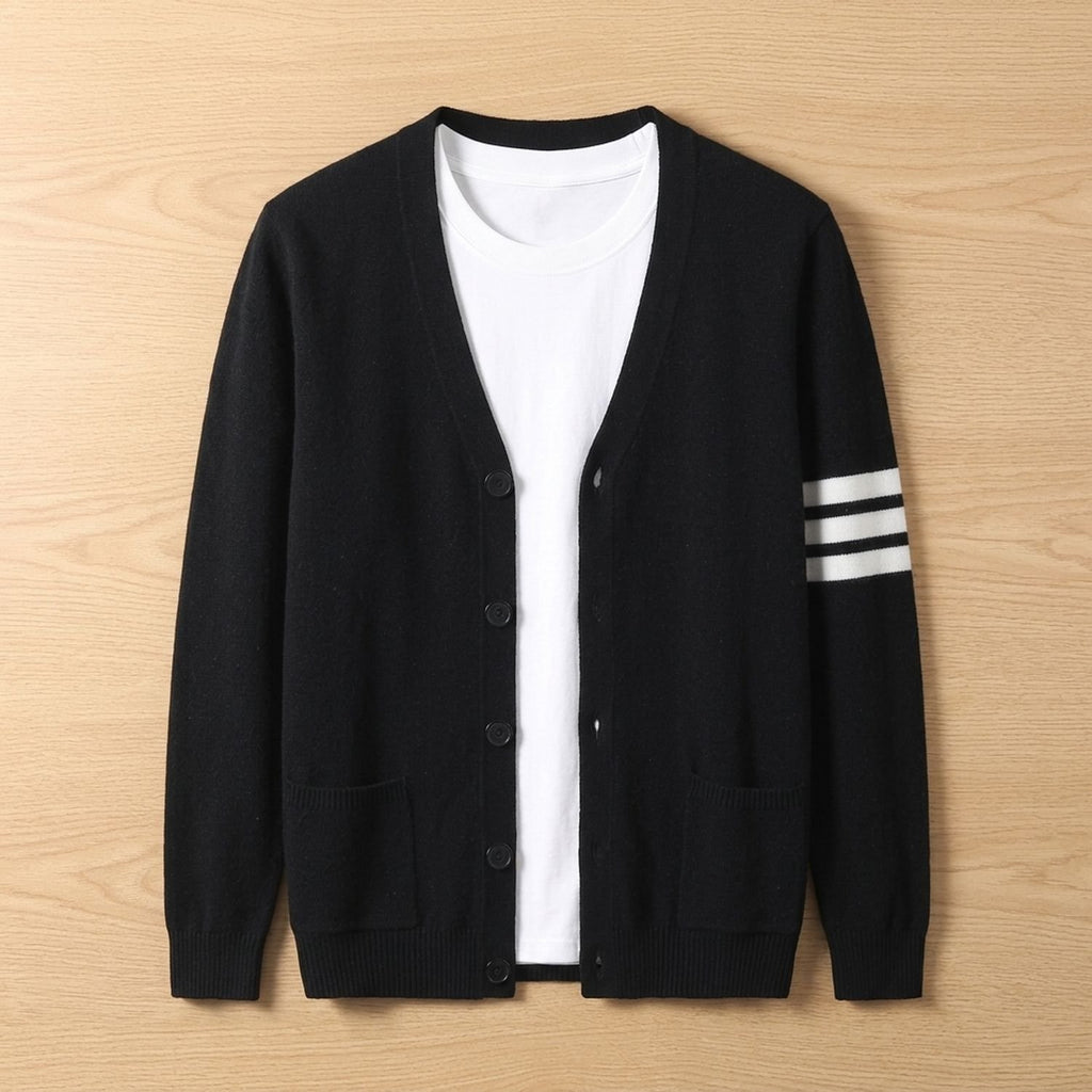 Men's Collegiate Striped-Sleeve Button-Front Knit Cardigan - Black