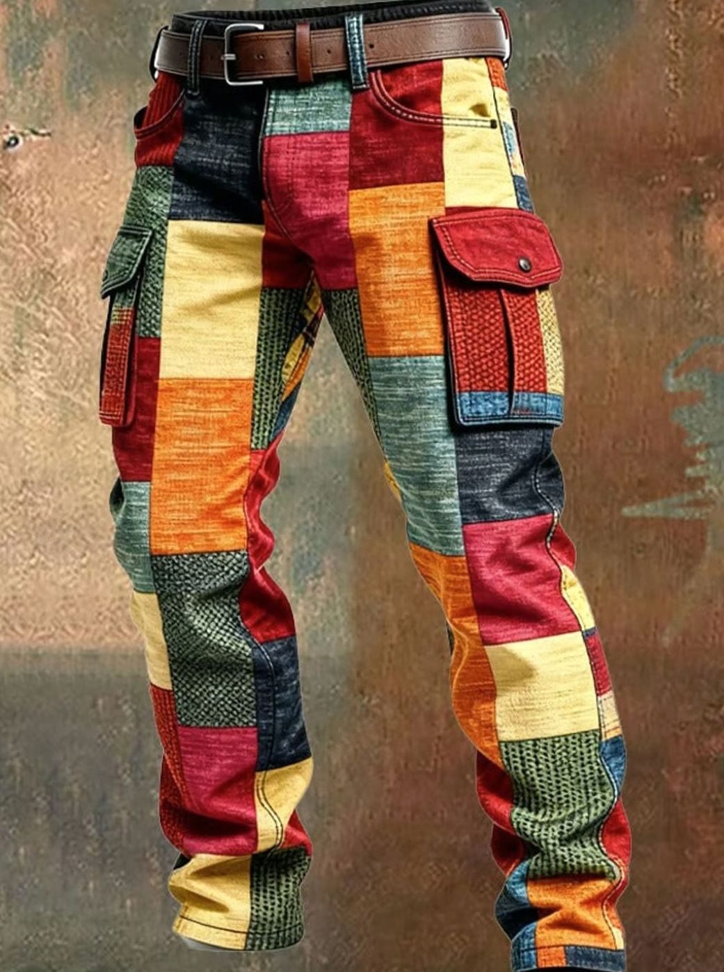 Men's Colorblock Patchwork Relaxed-Fit Cargo Pants