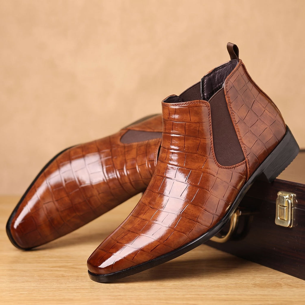 Men's Croc-Embossed Slip-On Chelsea Boots - Brown
