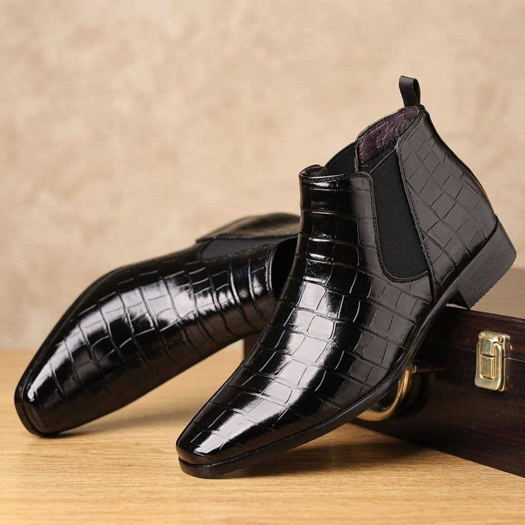 Men's Croc-Embossed Slip-On Chelsea Boots - Black