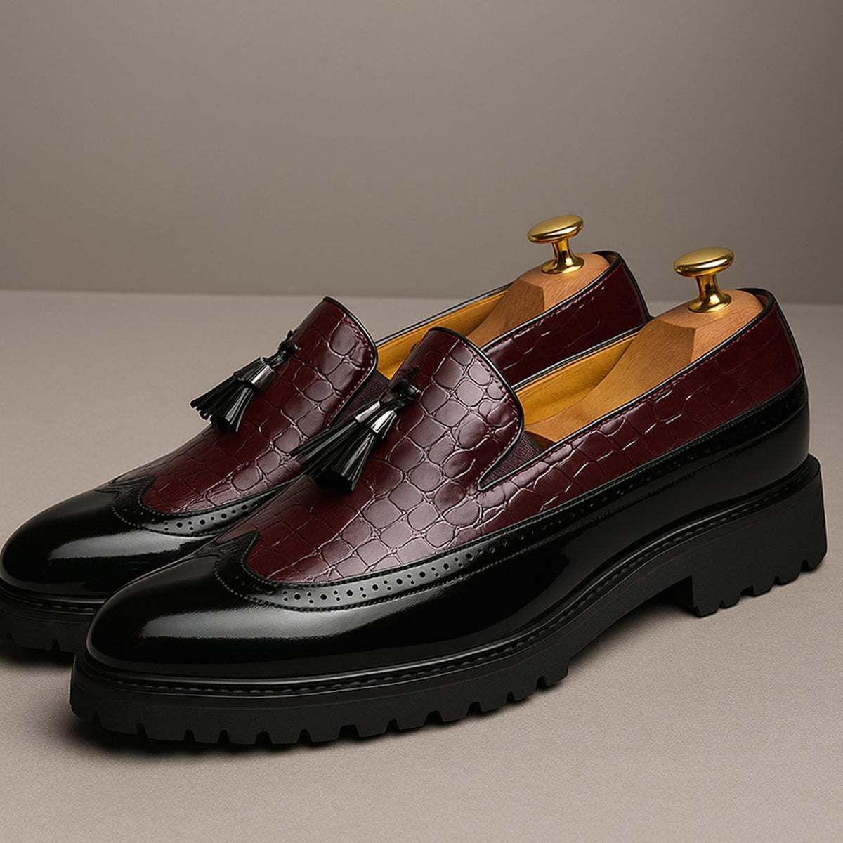 Men's Croc-Embossed Tassel Slip-On Brogue Loafers, Burgundy