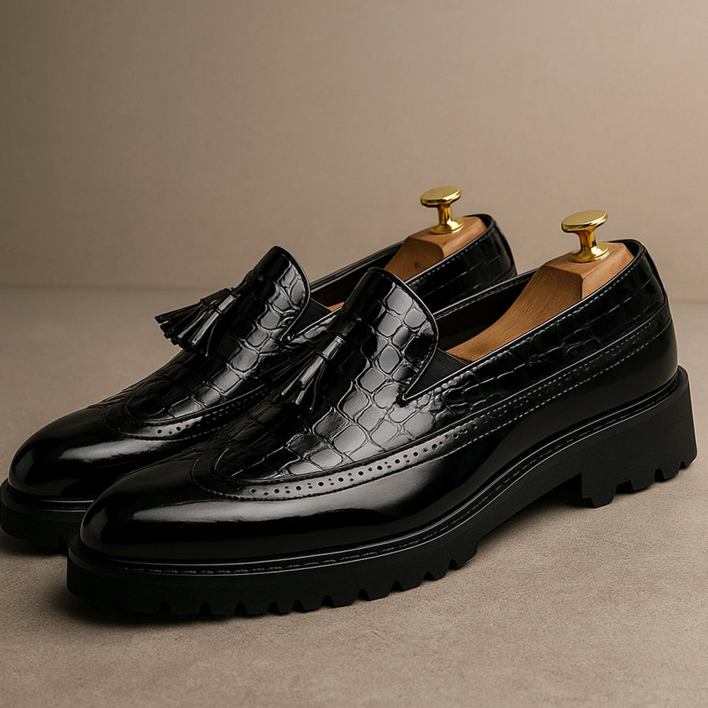 Men's Croc-Embossed Tassel Slip-On Brogue Loafers, Burgundy