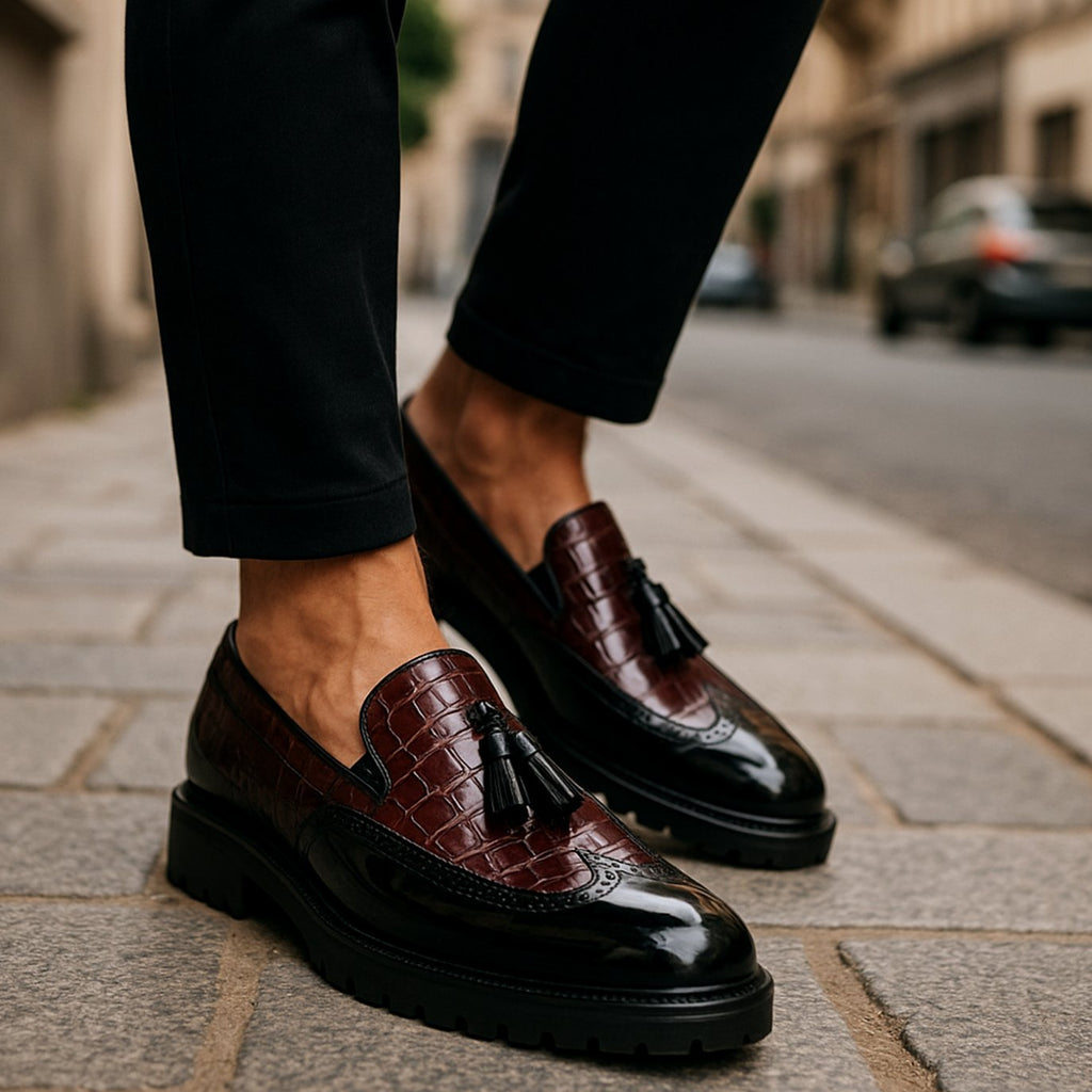 Men's Croc-Embossed Tassel Slip-On Brogue Loafers, Burgundy