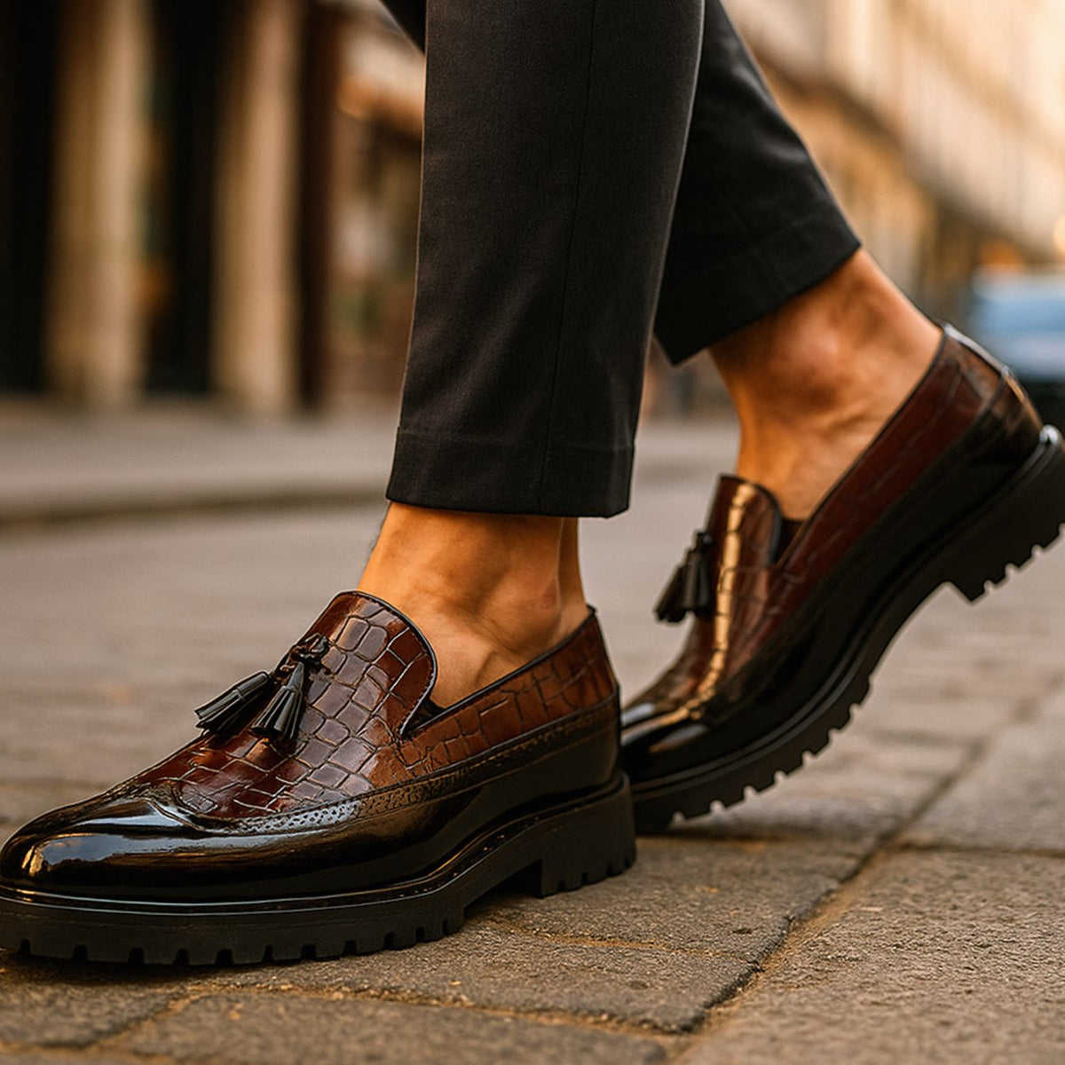 Men's Croc-Embossed Tassel Slip-On Brogue Loafers, Burgundy