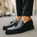 Men's Croc-Embossed Tassel Slip-On Brogue Loafers, Burgundy - Crimson Black
