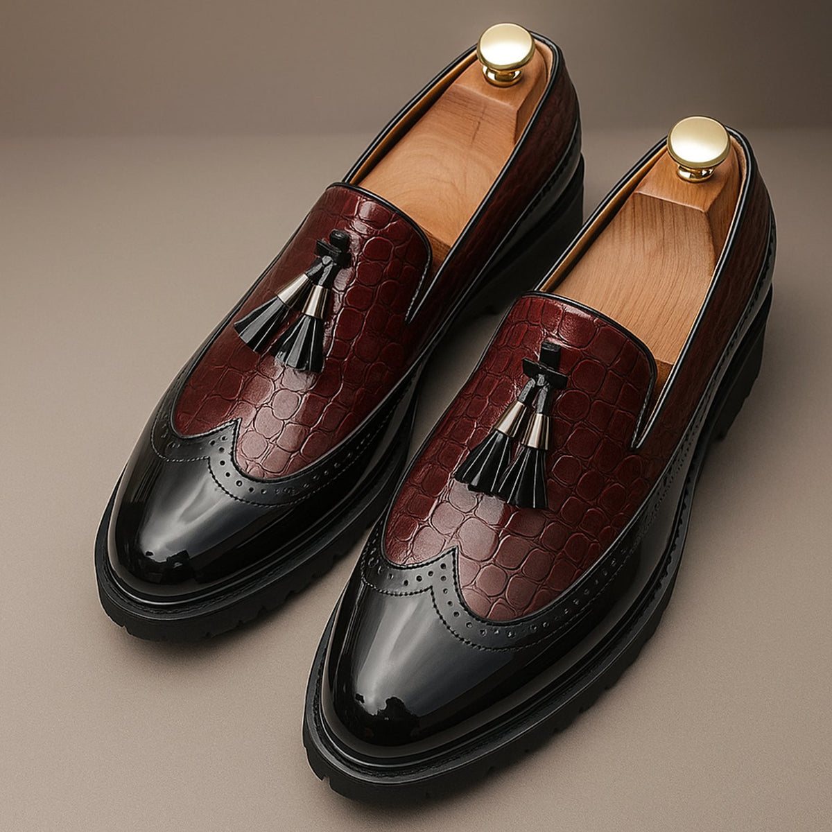 Men's Croc-Embossed Tassel Slip-On Brogue Loafers, Burgundy