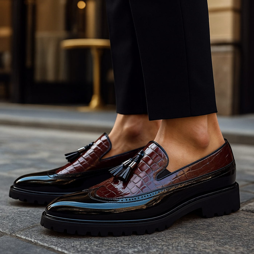 Men's Croc-Embossed Tassel Slip-On Brogue Loafers, Burgundy - Dark Red