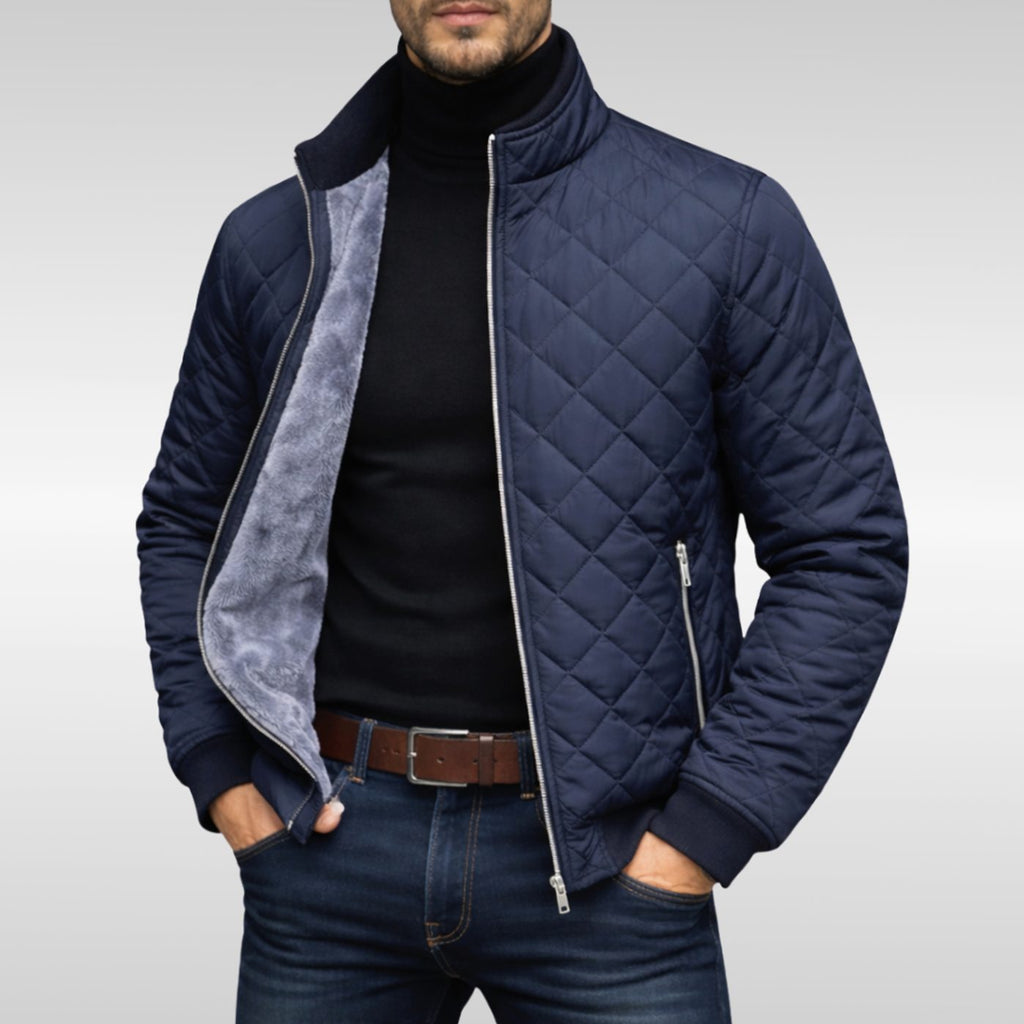 Men's Diamond-Quilted Fleece-Lined Full-Zip Winter Jacket - Navy Blue