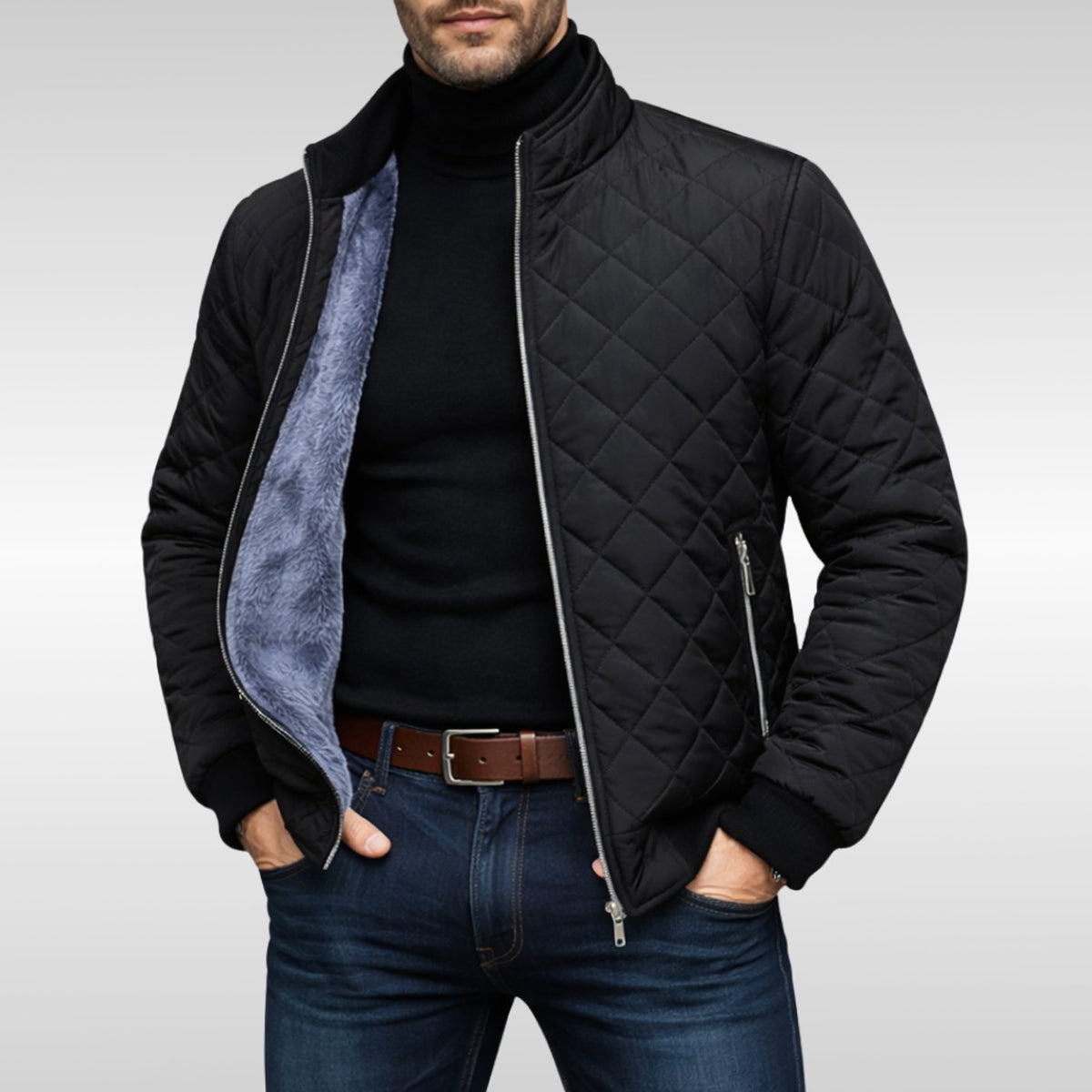 Men's Diamond-Quilted Fleece-Lined Full-Zip Winter Jacket - Black