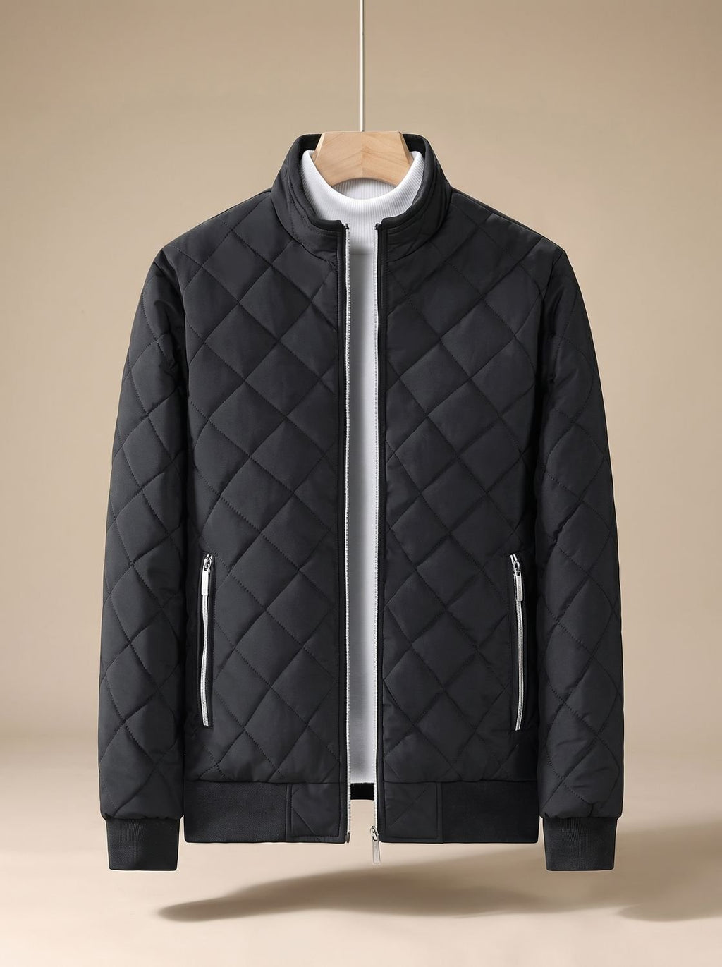 Men's Diamond-Quilted Zip-Up Insulated Bomber Jacket - Black