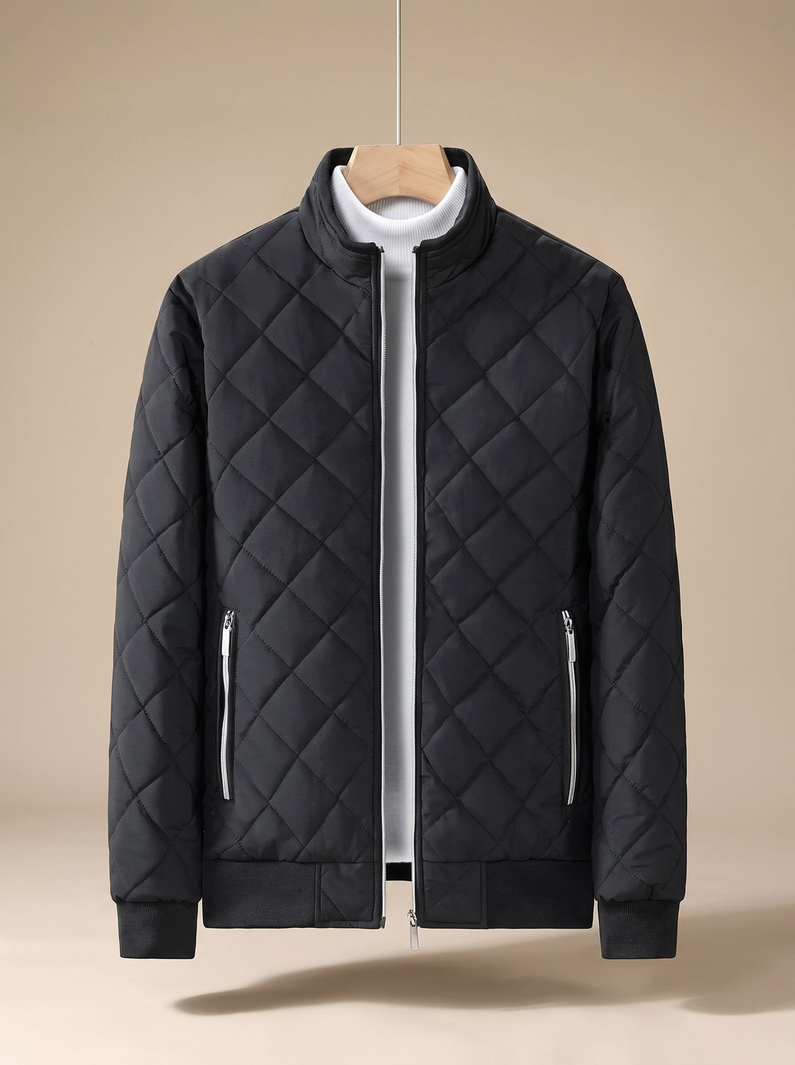 Men's Diamond-Quilted Zip-Up Insulated Bomber Jacket - Black