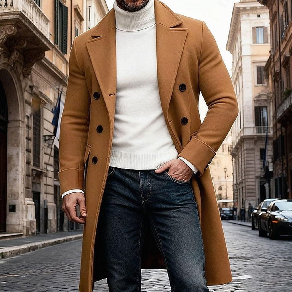Men's Double-Breasted Long Wool Overcoat Tailored Fit