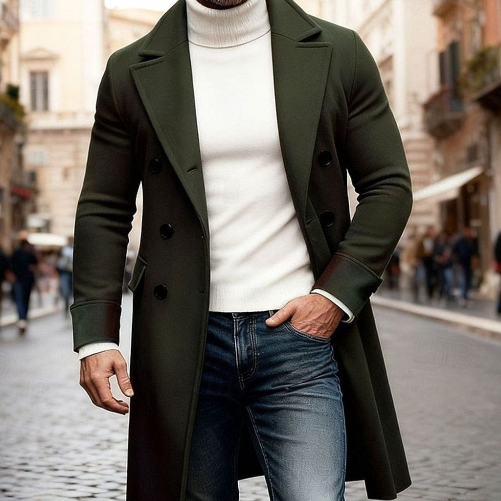 Men's Double-Breasted Long Wool Overcoat Tailored Fit - Army Green