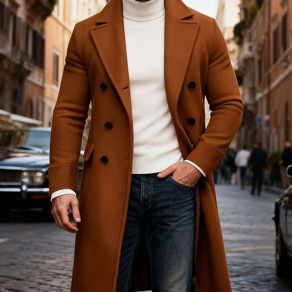 Men's Double-Breasted Long Wool Overcoat Tailored Fit - Brown