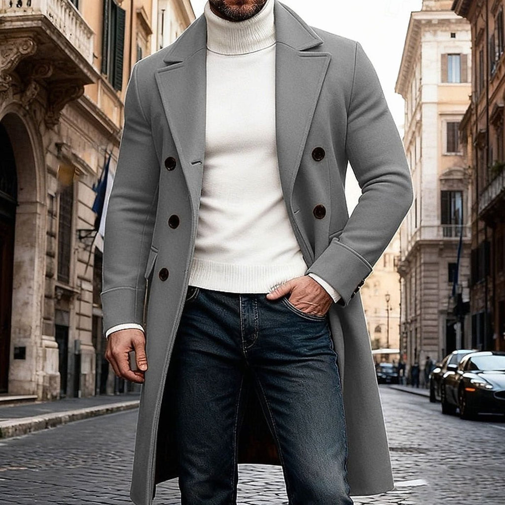 Men's Double-Breasted Long Wool Overcoat Tailored Fit - Gray