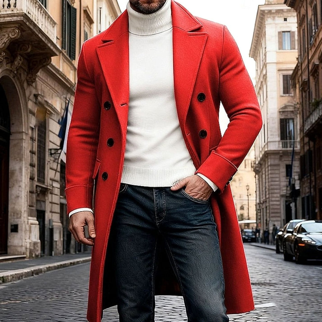 Men's Double-Breasted Long Wool Overcoat Tailored Fit - Red