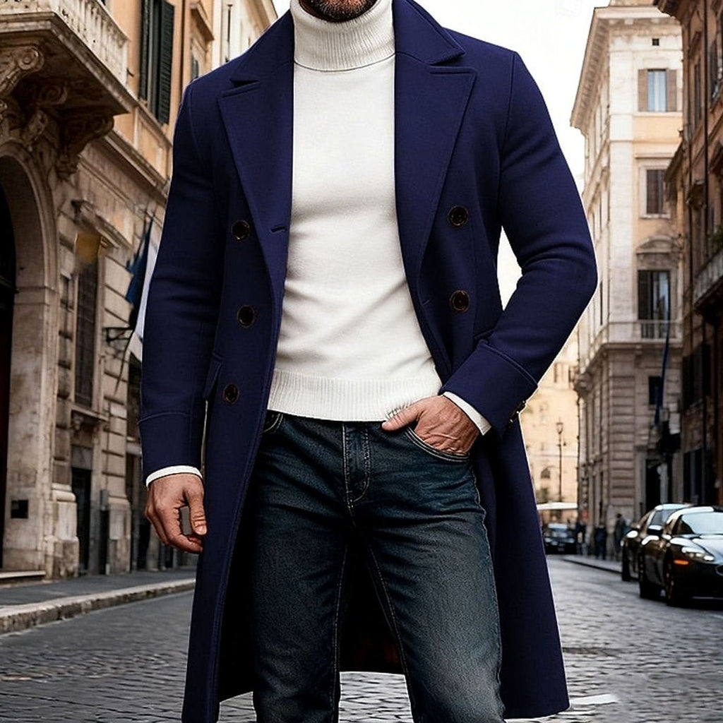 Men's Double-Breasted Long Wool Overcoat Tailored Fit - Navy Blue