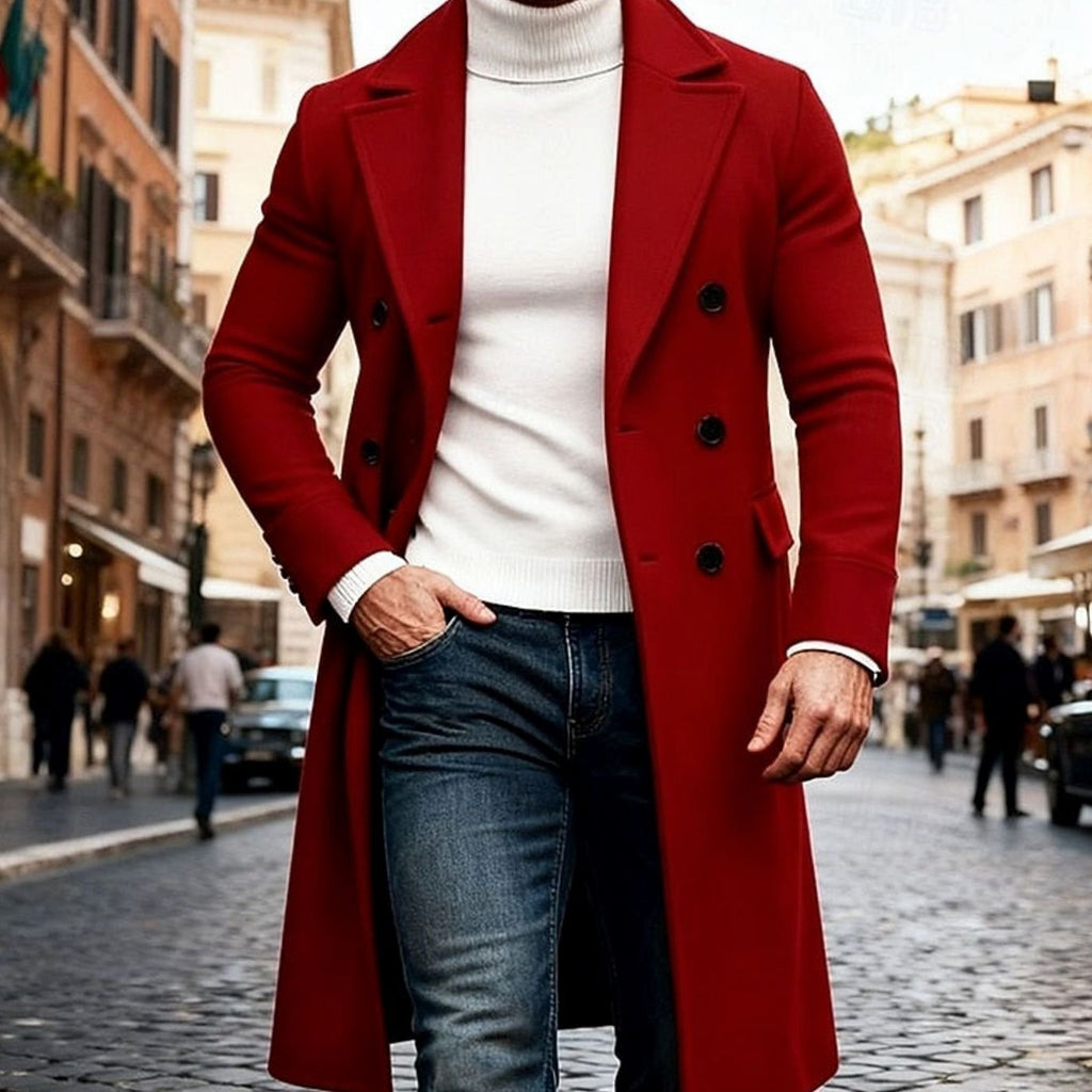Men's Double-Breasted Long Wool Overcoat Tailored Fit - Wine
