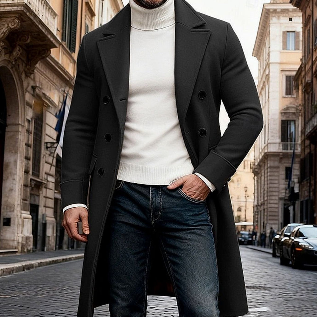 Men's Double-Breasted Long Wool Overcoat Tailored Fit - Black