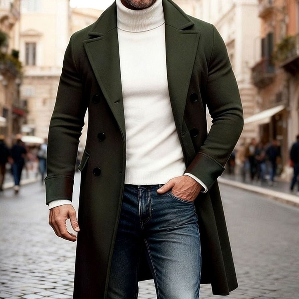 Men's Double-Breasted Long Wool Overcoat Tailored Fit