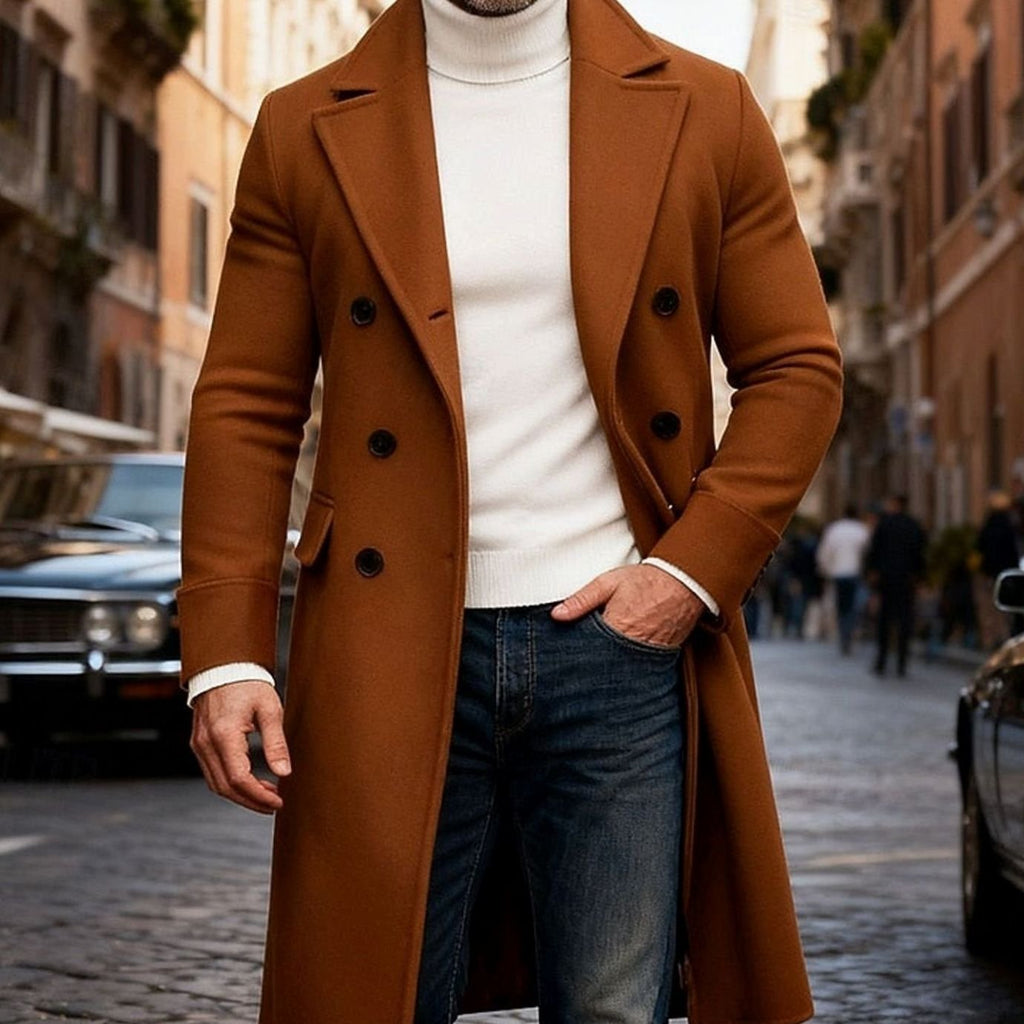 Men's Double-Breasted Long Wool Overcoat Tailored Fit
