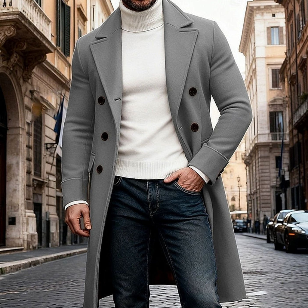 Men's Double-Breasted Long Wool Overcoat Tailored Fit