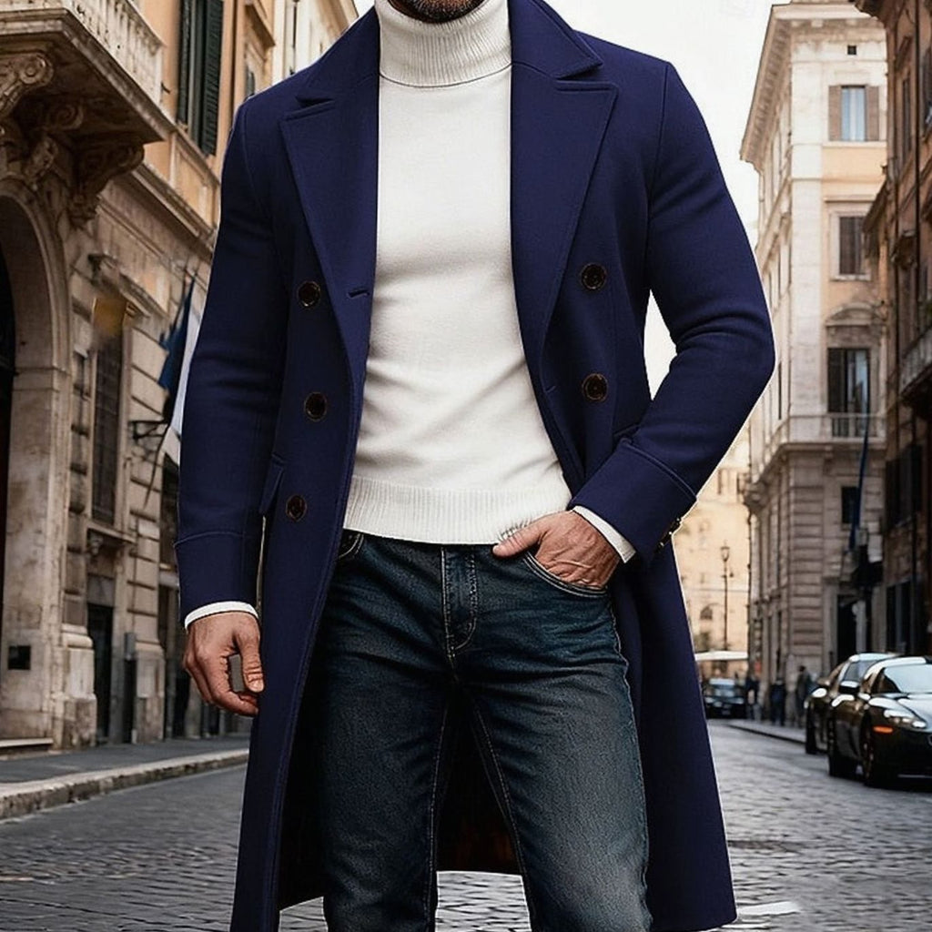 Men's Double-Breasted Long Wool Overcoat Tailored Fit