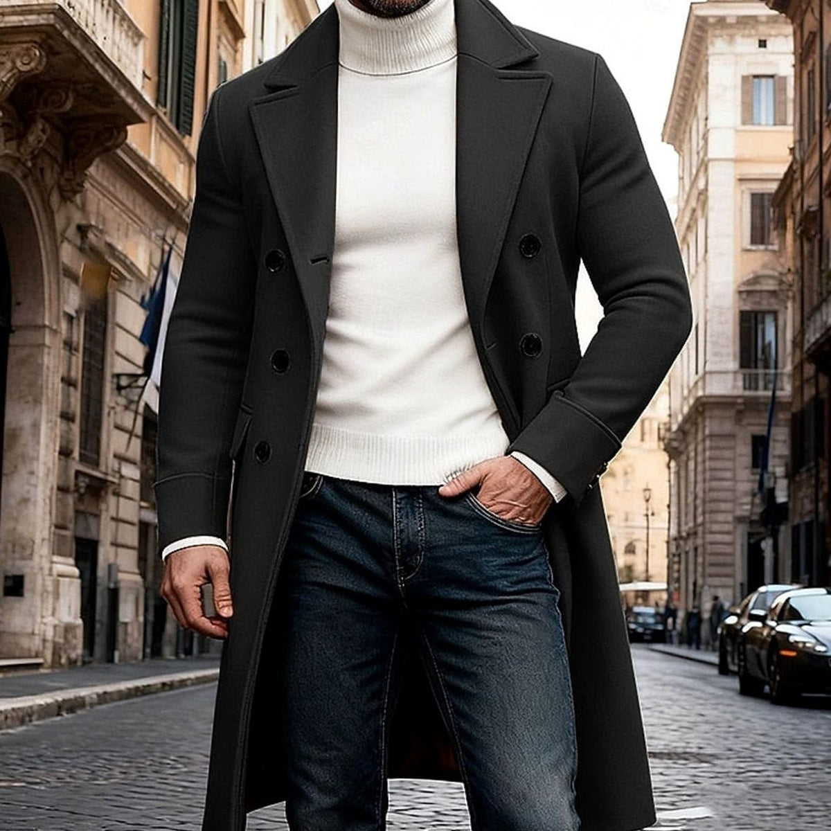 Men's Double-Breasted Long Wool Overcoat Tailored Fit