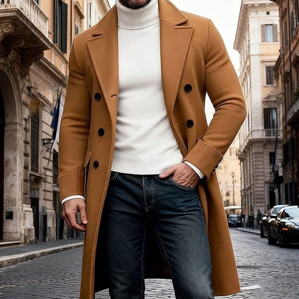 Men's Double-Breasted Long Wool Overcoat Tailored Fit - Khaki