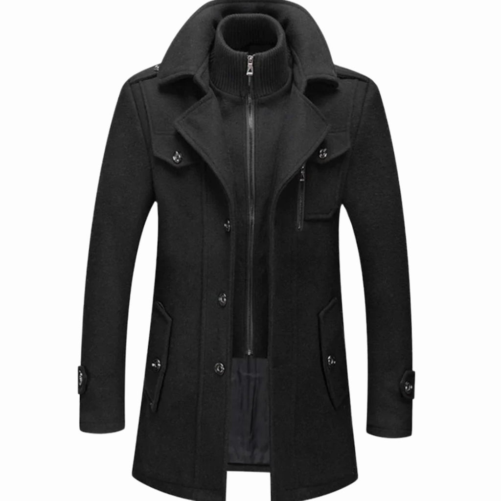 Men's Double-Layer Wool-Blend Button-Up Long Coat - Black